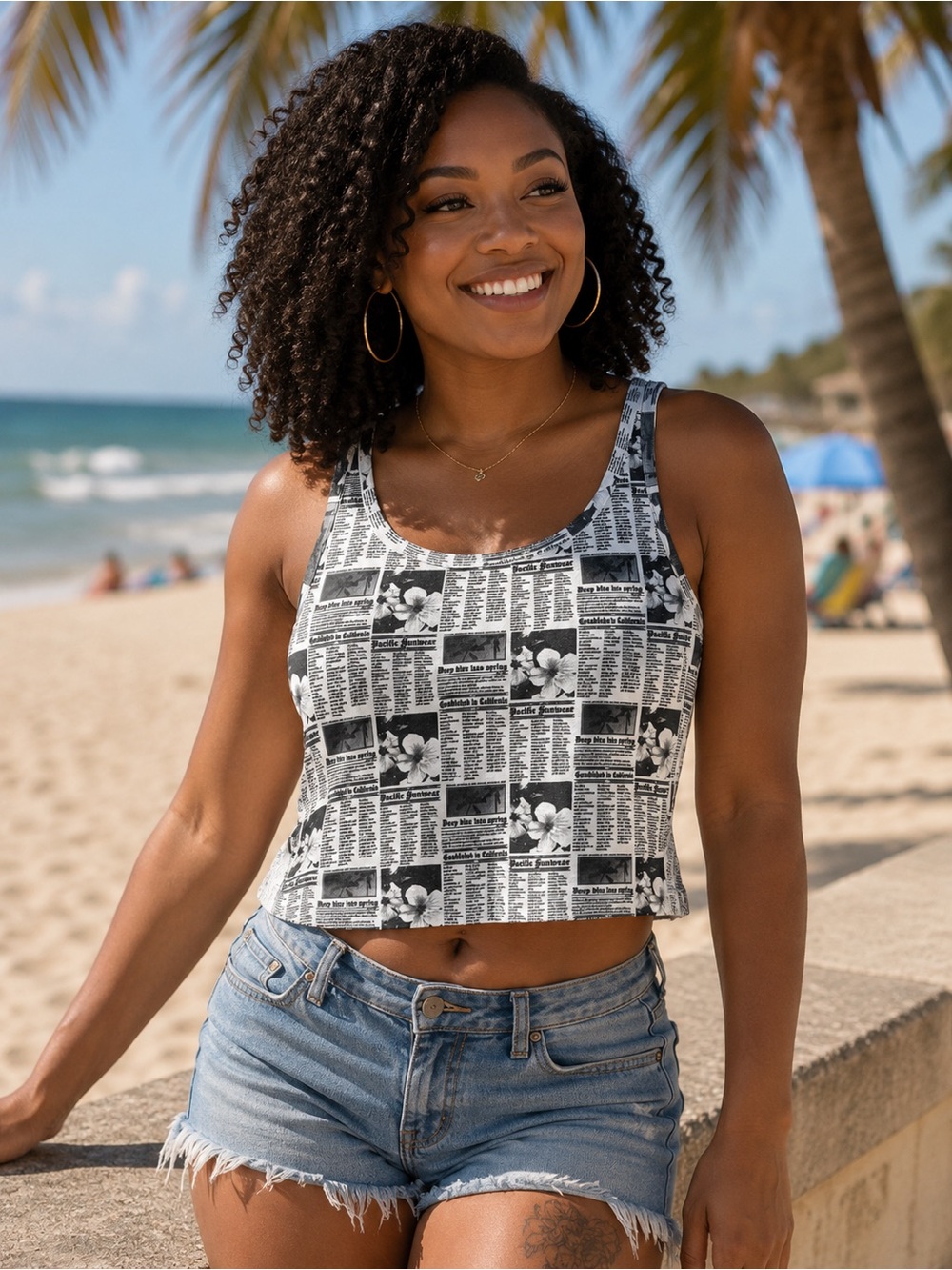 Cropped Newspaper Print Tank Top - Black & White